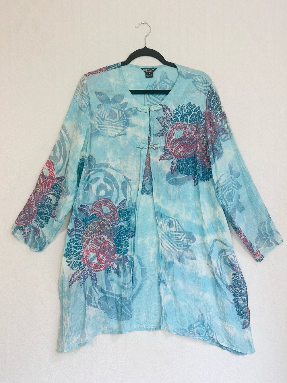Citron Santa Monica Silk Turquoise Blue Long Tunic Caftan Top Sz XL